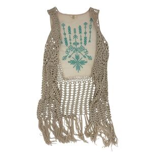 Boho Crochet Fringe Vest Open Knit Festival Western Aztec Graphic CoastalCowgirl